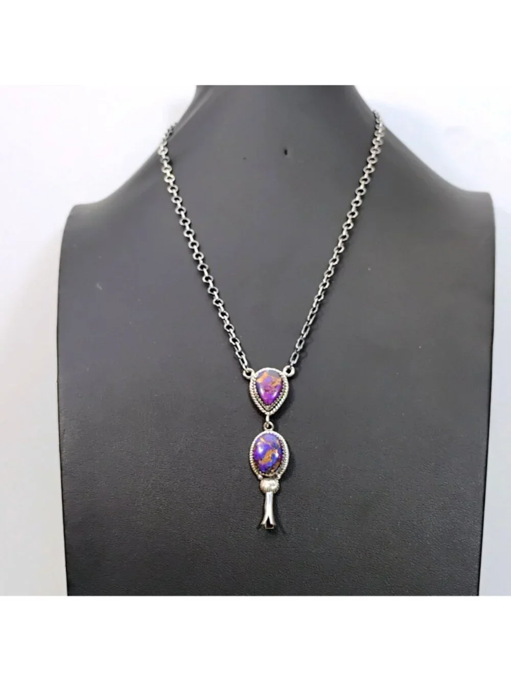 Southwest Violet Purple Dahlia Turquoise Sterling Silver Squash Blossom Necklace